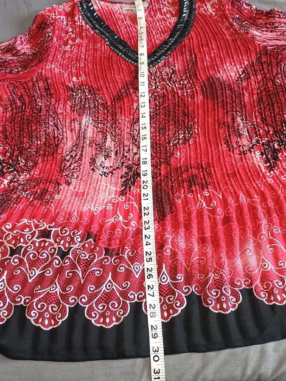 dressbarn Red V-Neck Embellished Paisley Blouse - Picture 8 of 9